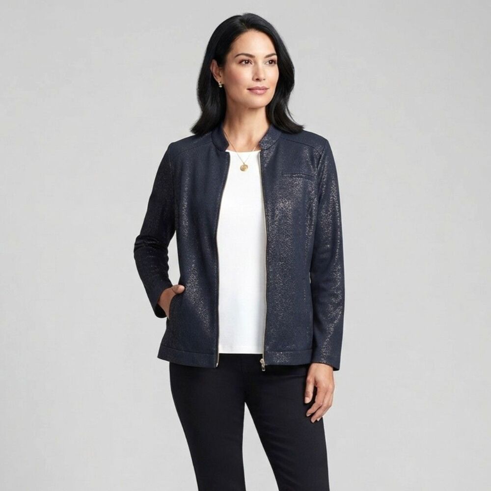 Chicos Dark Navy Blue Metallic Full Zip Jacket L Pockets Stretch Shimmer Bomber